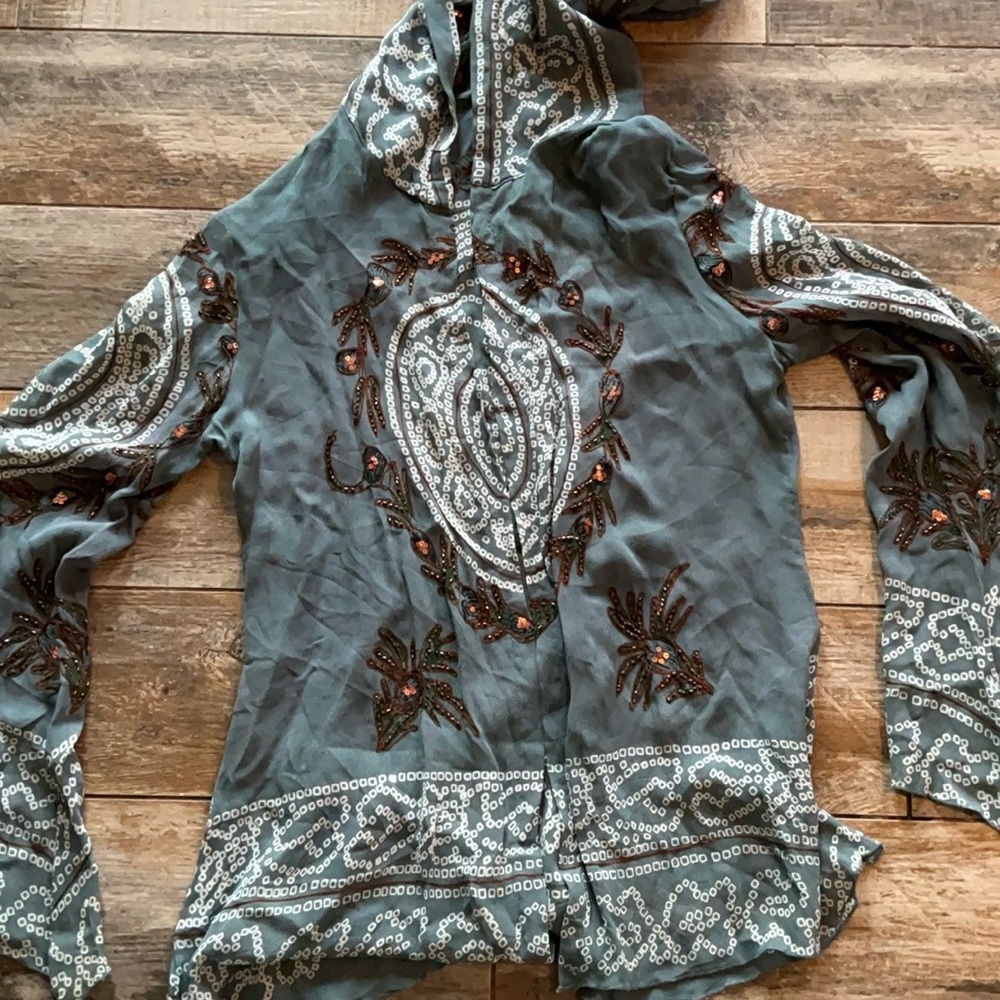 NEWPORT NEWS VINTAGE  KIMONO TUNIC OPEN FRONT BEADED HOODED SHEER Bohemian